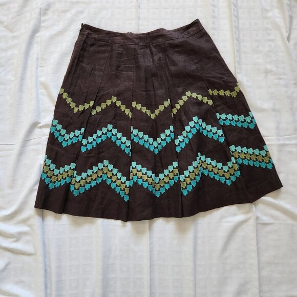 Ann Taylor Loft 100% Linen Skirt Size 10 Brown Pleated Embroidered Lined Preppy - Picture 4 of 4